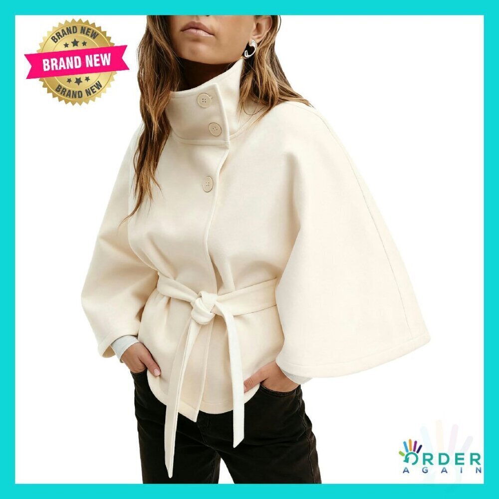 Batwing Sleeve Poncho Cape Coat Elegant Stand Collar Belted Fall Outerwear